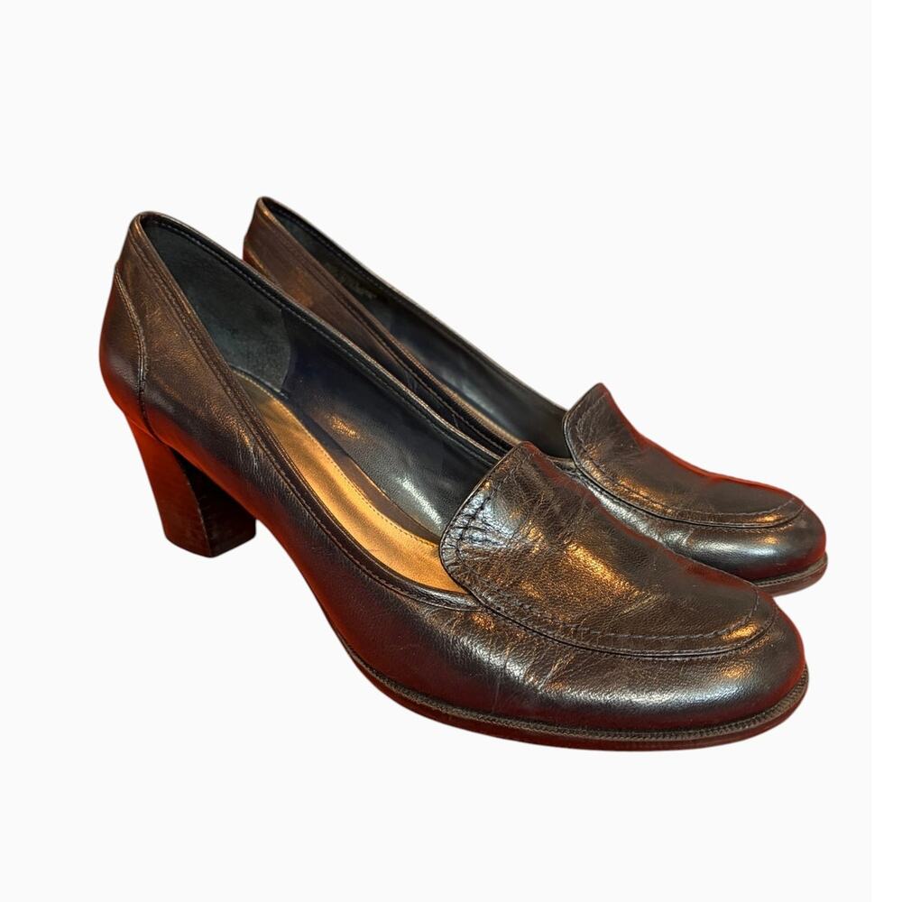 BANDOLINO Navy Blue Leather Block Heel Loafer Pumps Women's Size 9 Vintage Y2K